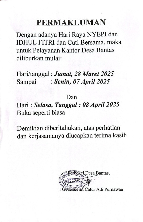 INFORMASI LIBUR HARI RAYA NYEPI DAN IDUL FITRI